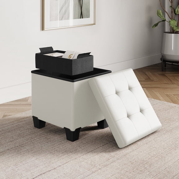 Hearth & Harbor Ottoman Storage Bench, Faux Leather 15" Foot Stool Ottoman with Storage, White