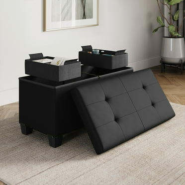 Hearth & Harbor Ottoman Storage Bench, Faux Leather 30" Storage Ottoman Bench, Black