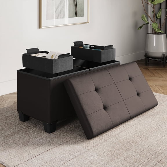 Hearth & Harbor Ottoman Storage Bench, Faux Leather 30" Ottoman with Storage, Brown