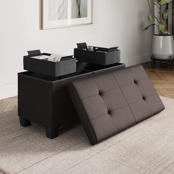 Hearth & Harbor Ottoman Storage Bench, Faux Leather 30" Ottoman with Storage, Brown