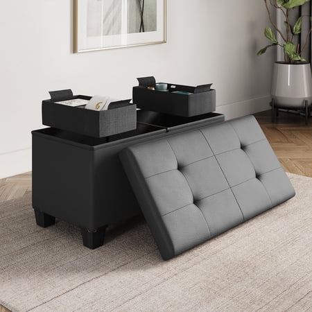 Hearth & Harbor Ottoman Storage Bench, Faux Leather 30" Ottoman with Storage, Gray