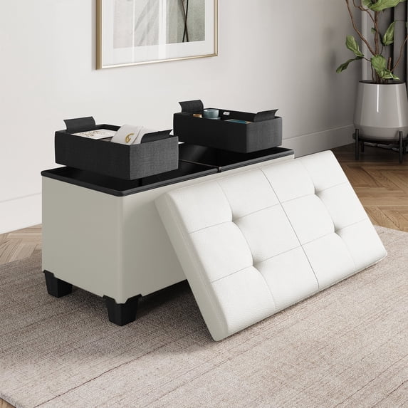Hearth & Harbor Ottoman Storage Bench, Faux Leather 30" Ottoman with Storage, White