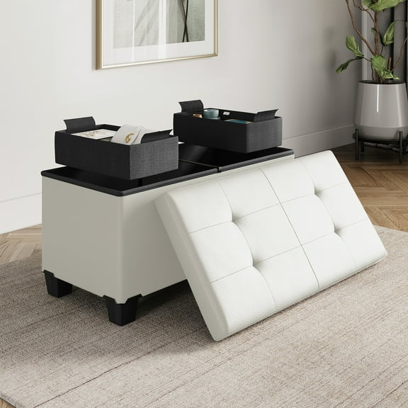 Hearth & Harbor Ottoman Storage Bench, Faux Leather 30" Storage Ottoman Bench, White