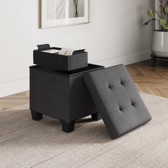 Hearth & Harbor Ottoman Storage Bench, Linen 15" Foot Stool Ottoman with Storage, Gray