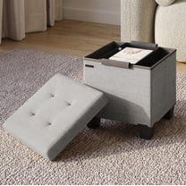 Hearth & Harbor Ottoman Storage Bench, Linen 15" Foot Stool Ottoman With Storage, Light Gray