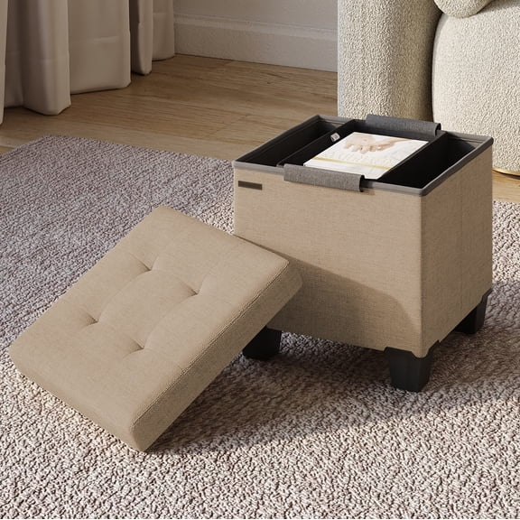 Hearth & Harbor Ottoman Storage Bench, Linen 15" Foot Stool Ottoman With Storage, Taupe