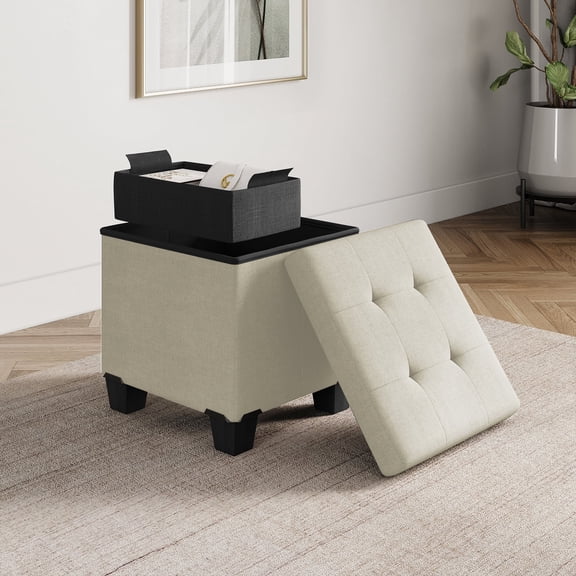 Hearth & Harbor Ottoman Storage Bench, Linen 15" Foot Stool Ottoman with Storage, White