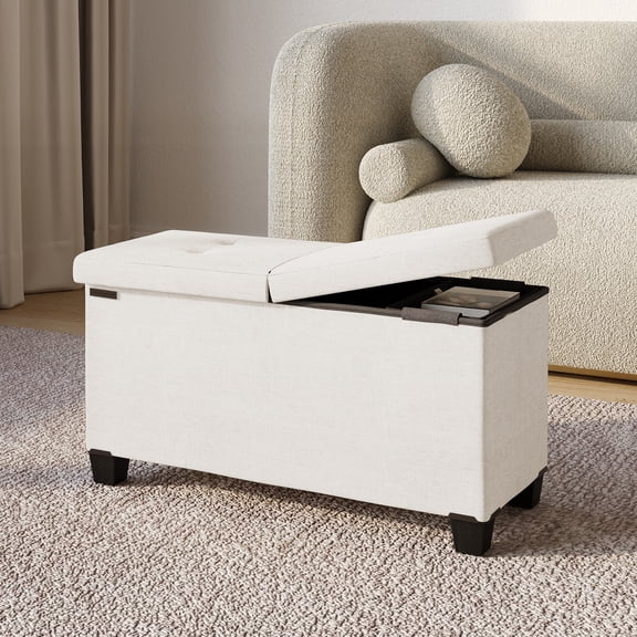 Hearth & Harbor Ottoman Storage Bench, Linen 30" Foot Stool Ottoman With Storage, Cream