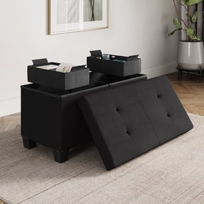 Hearth & Harbor Ottoman Storage Bench, Linen 30" Ottoman with Storage, Black