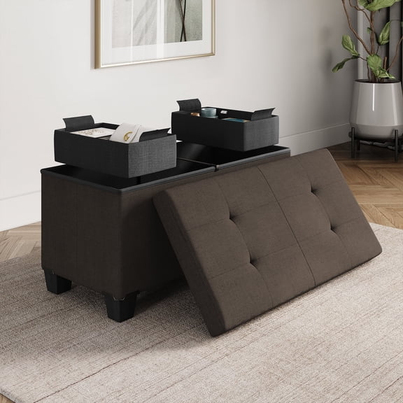 Hearth & Harbor Ottoman Storage Bench, Linen 30" Ottoman with Storage, Brown