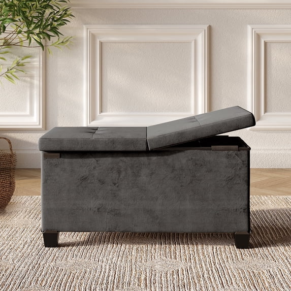 Hearth & Harbor Ottoman Storage Bench, Velvet 30" Foot Stool Ottoman With Storage, Grey