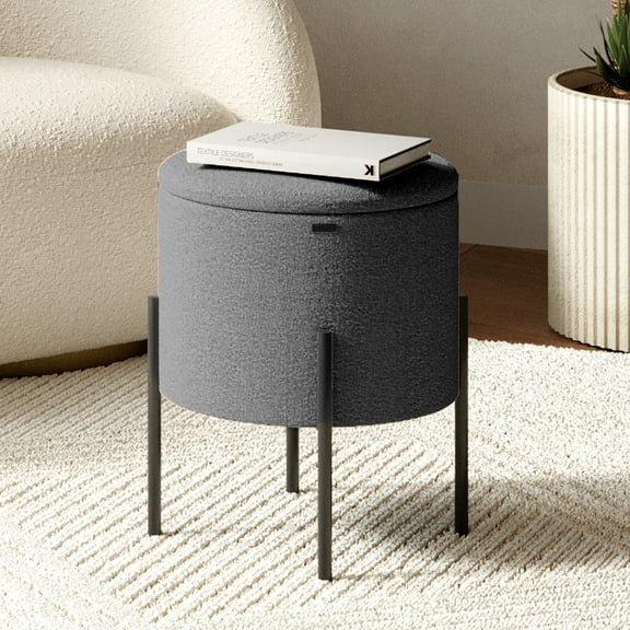 Hearth & Harbor Ottoman with Storage, Foot Stool Storage Ottoman Round Boucle, Gray