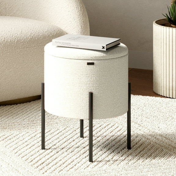 Hearth & Harbor Ottoman with Storage, Foot Stool Storage Ottoman Round Boucle, White