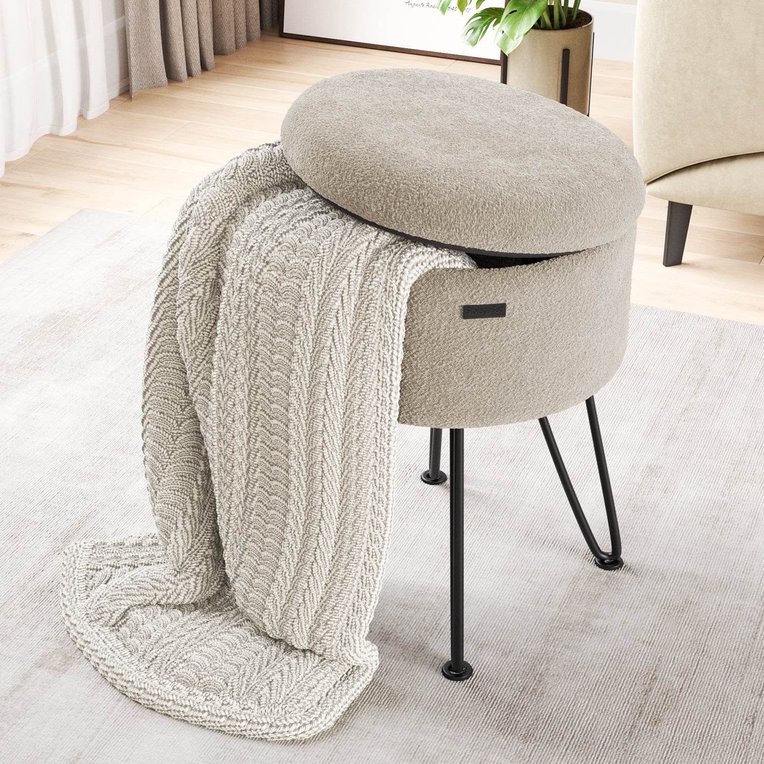Hearth & Harbor Round Ottoman with Storage, Luxurious Foot Stool and Chic Vanity Stool with Storage, Elegant Boucle Beige