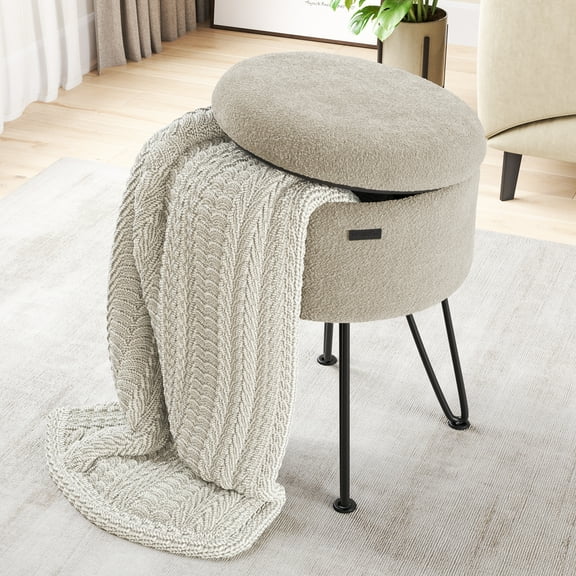 Hearth & Harbor Ottoman with Storage, Round Storage Ottoman, Vanity Stool and Foot Stool with Storage, Boucle Beige