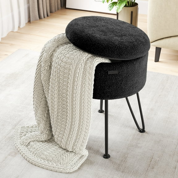 Hearth & Harbor Ottoman with Storage, Round Storage Ottoman, Vanity Stool and Foot Stool with Storage, Boucle Black