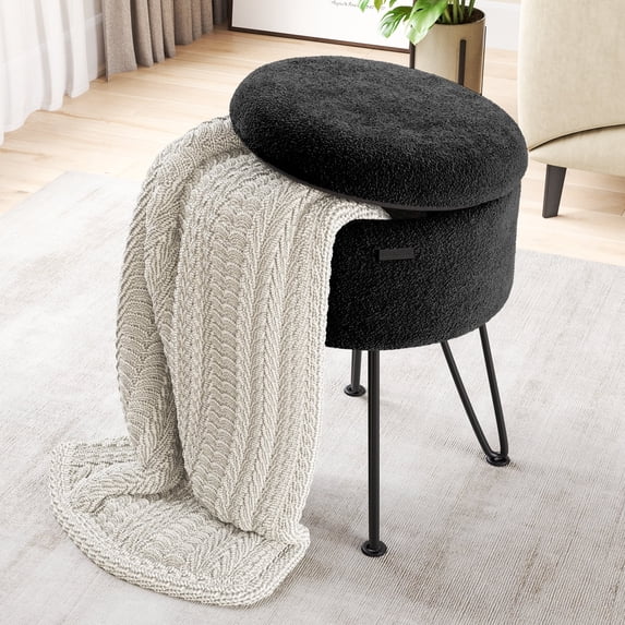 Hearth & Harbor Round Ottoman with Storage, Luxurious Foot Stool and Chic Vanity Stool with Storage, Elegant Boucle Black