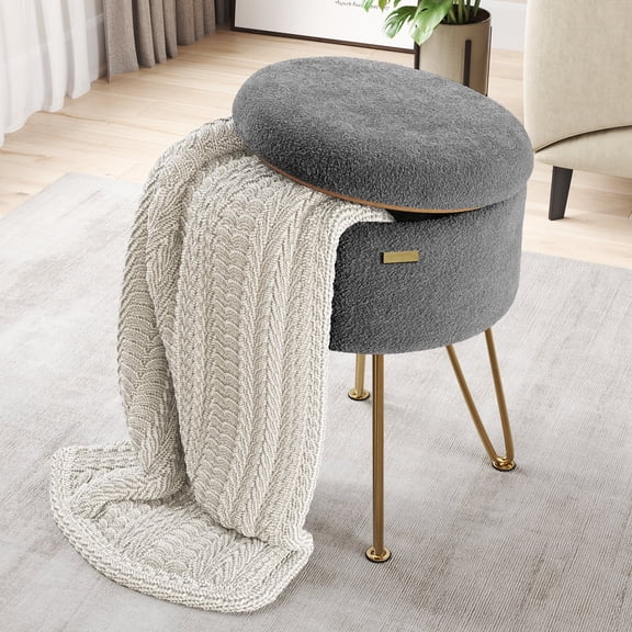 Hearth & Harbor Round Ottoman with Storage, Luxurious Foot Stool and Chic Vanity Stool with Storage, Elegant Boucle Grey