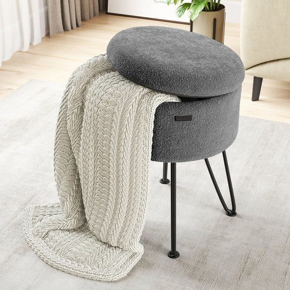 Hearth & Harbor Ottoman with Storage, Round Storage Ottoman, Vanity Stool and Foot Stool with Storage, Boucle Grey
