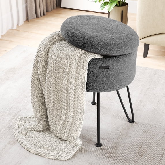 Hearth & Harbor Round Ottoman with Storage, Luxurious Foot Stool and Chic Vanity Stool with Storage, Elegant Boucle Grey