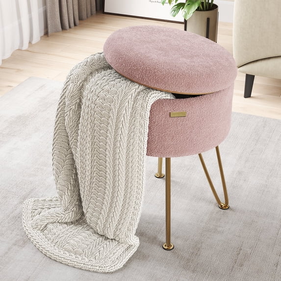 Hearth & Harbor Round Ottoman with Storage, Luxurious Foot Stool and Chic Vanity Stool with Storage, Elegant Boucle Pink