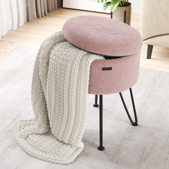 Hearth & Harbor Round Ottoman with Storage, Luxurious Foot Stool and Chic Vanity Stool with Storage, Elegant Boucle Pink