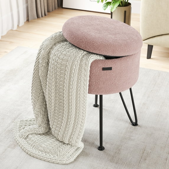 Hearth & Harbor Ottoman with Storage, Round Storage Ottoman, Vanity Stool and Foot Stool with Storage, Boucle Pink