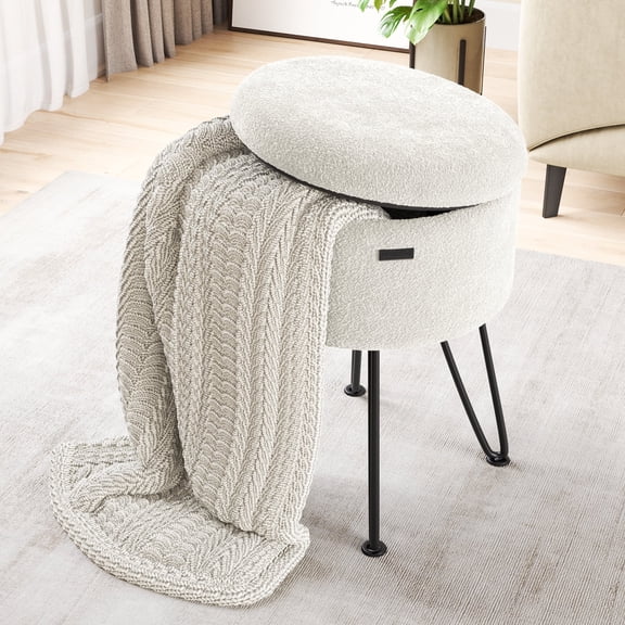 Hearth & Harbor Round Ottoman with Storage, Luxurious Foot Stool and Chic Vanity Stool with Storage, Elegant Boucle White