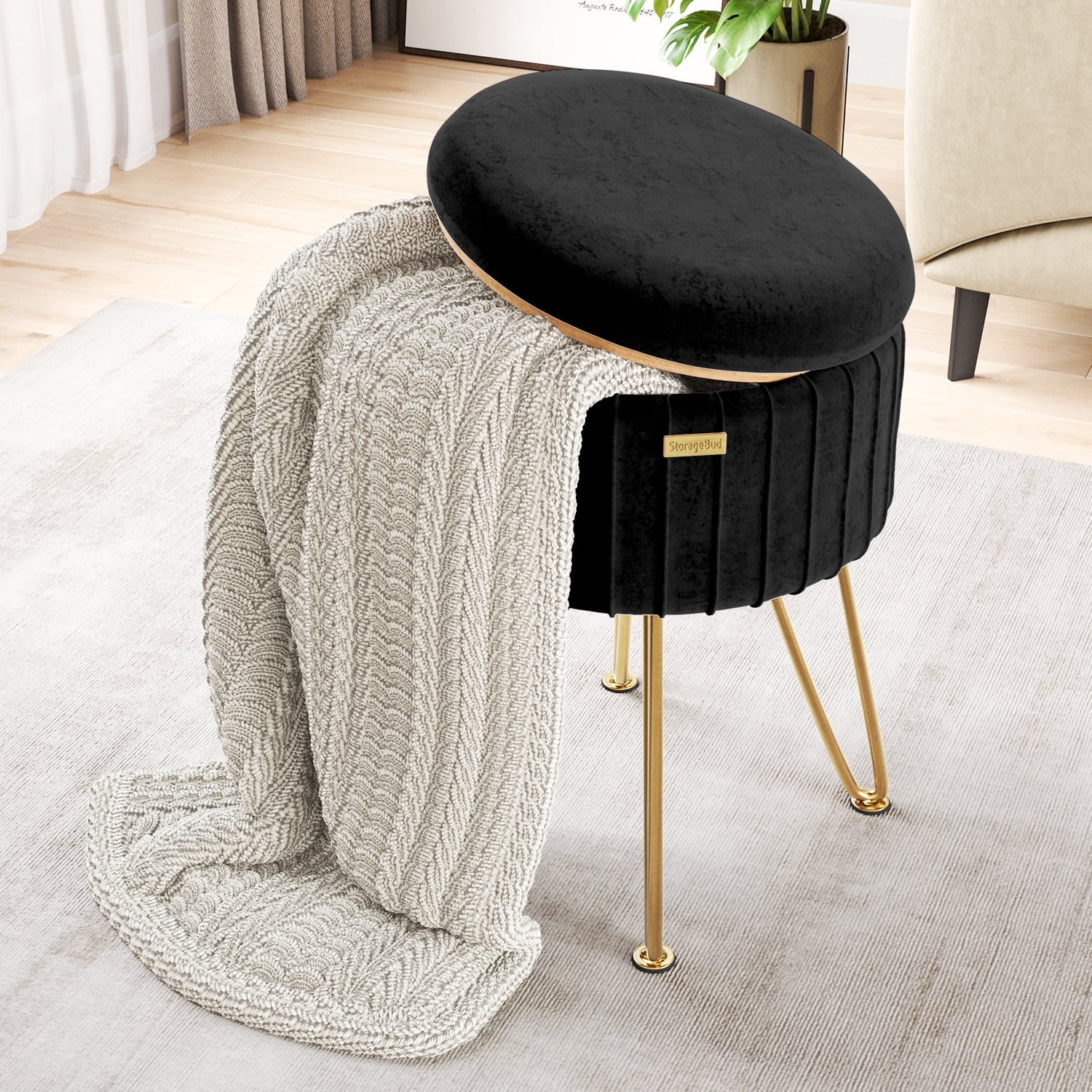Hearth & Harbor Round Ottoman with Storage, Luxurious Foot Stool and Chic Vanity Stool with Storage, Elegant Pleated Velvet Black