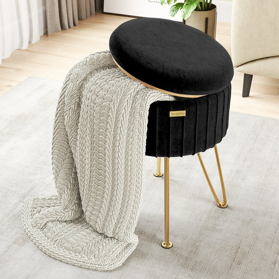 Hearth & Harbor Ottoman with Storage, Round Storage Ottoman, Vanity Stool and Foot Stool with Storage, Pleated Velvet Black