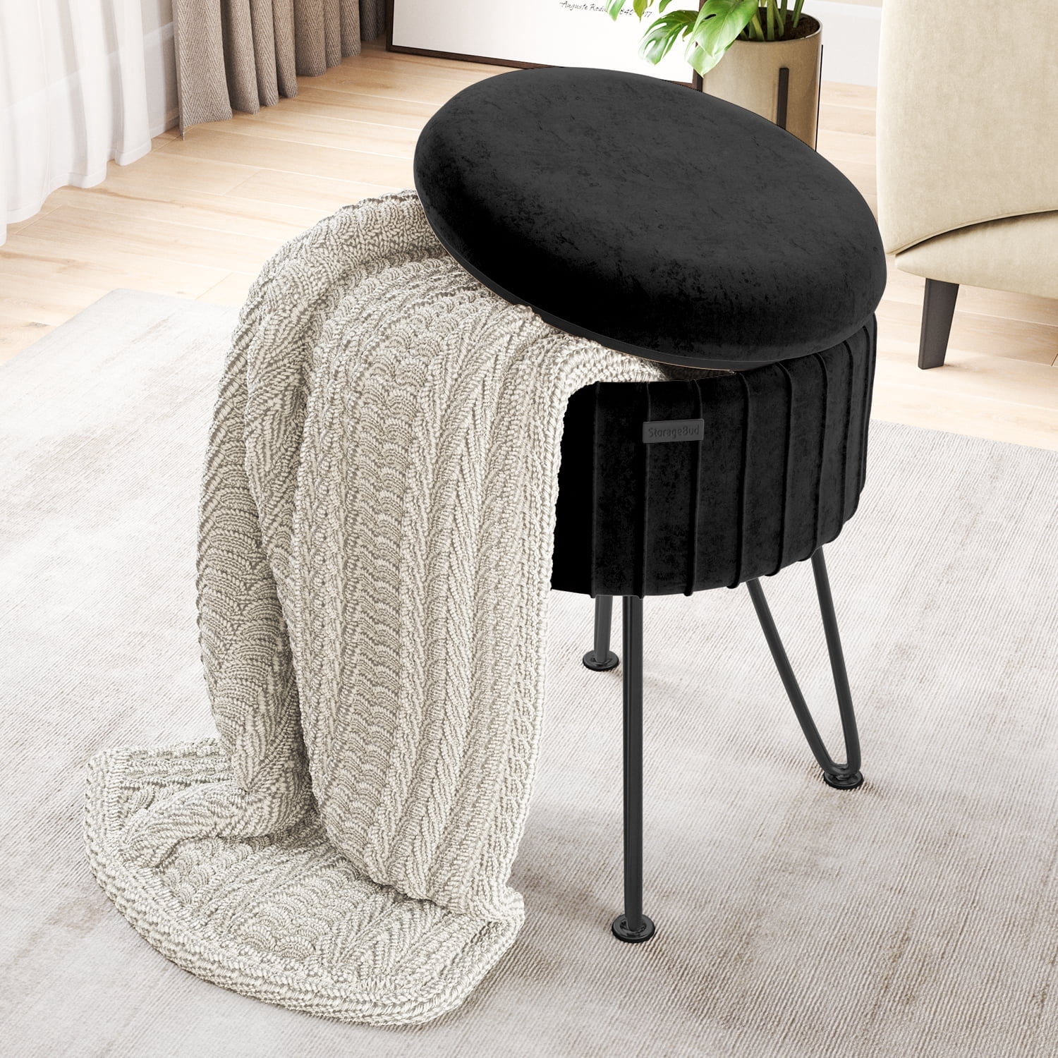Hearth & Harbor Round Ottoman with Storage, Luxurious Foot Stool and Chic Vanity Stool with Storage, Elegant Pleated Velvet Black