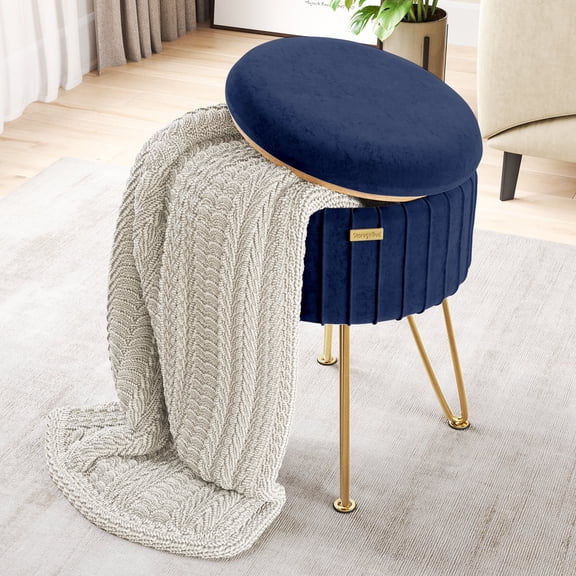 Hearth & Harbor Round Ottoman with Storage, Luxurious Foot Stool and Chic Vanity Stool with Storage, Elegant Pleated Velvet Blue