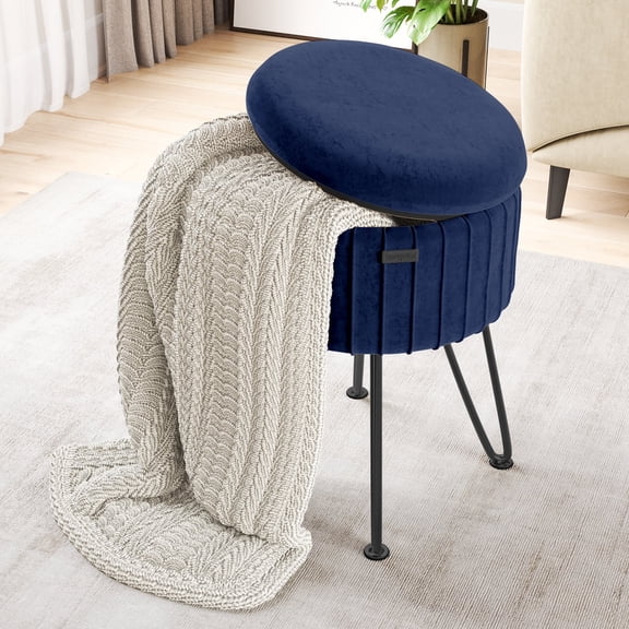 Hearth & Harbor Round Ottoman with Storage, Luxurious Foot Stool and Chic Vanity Stool with Storage, Elegant Pleated Velvet Blue