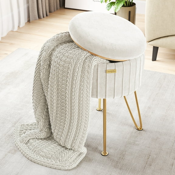 Hearth & Harbor Ottoman with Storage, Round Storage Ottoman, Vanity Stool and Foot Stool with Storage, Pleated Velvet Cream