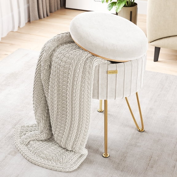 Hearth & Harbor Round Ottoman with Storage, Luxurious Foot Stool and Chic Vanity Stool with Storage, Elegant Pleated Velvet Cream