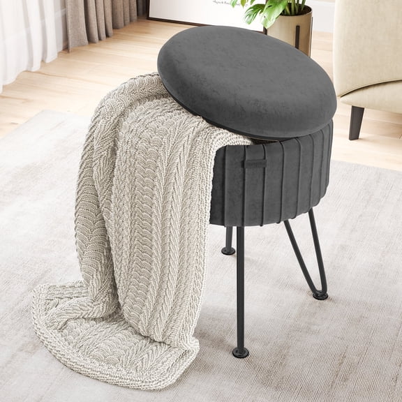 Hearth & Harbor Round Ottoman with Storage, Luxurious Foot Stool and Chic Vanity Stool with Storage, Elegant Pleated Velvet Grey