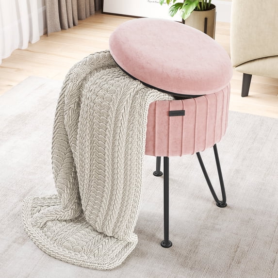 Hearth & Harbor Round Ottoman with Storage, Luxurious Foot Stool and Chic Vanity Stool with Storage, Elegant Pleated Velvet Pink