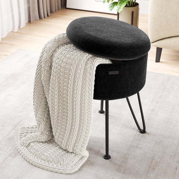 Hearth & Harbor Round Ottoman with Storage, Luxurious Foot Stool and Chic Vanity Stool with Storage, Elegant Textured Velvet Black