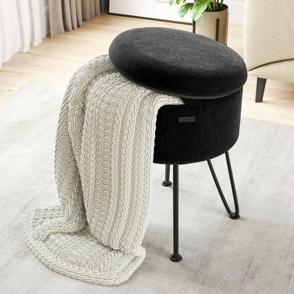 Hearth & Harbor Ottoman with Storage, Round Storage Ottoman, Vanity Stool and Foot Stool with Storage, Textured Velvet Black