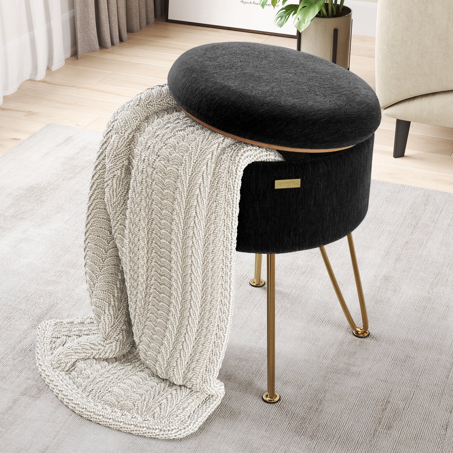 Hearth & Harbor Round Ottoman with Storage, Luxurious Foot Stool and Chic Vanity Stool with Storage, Elegant Textured Velvet Black