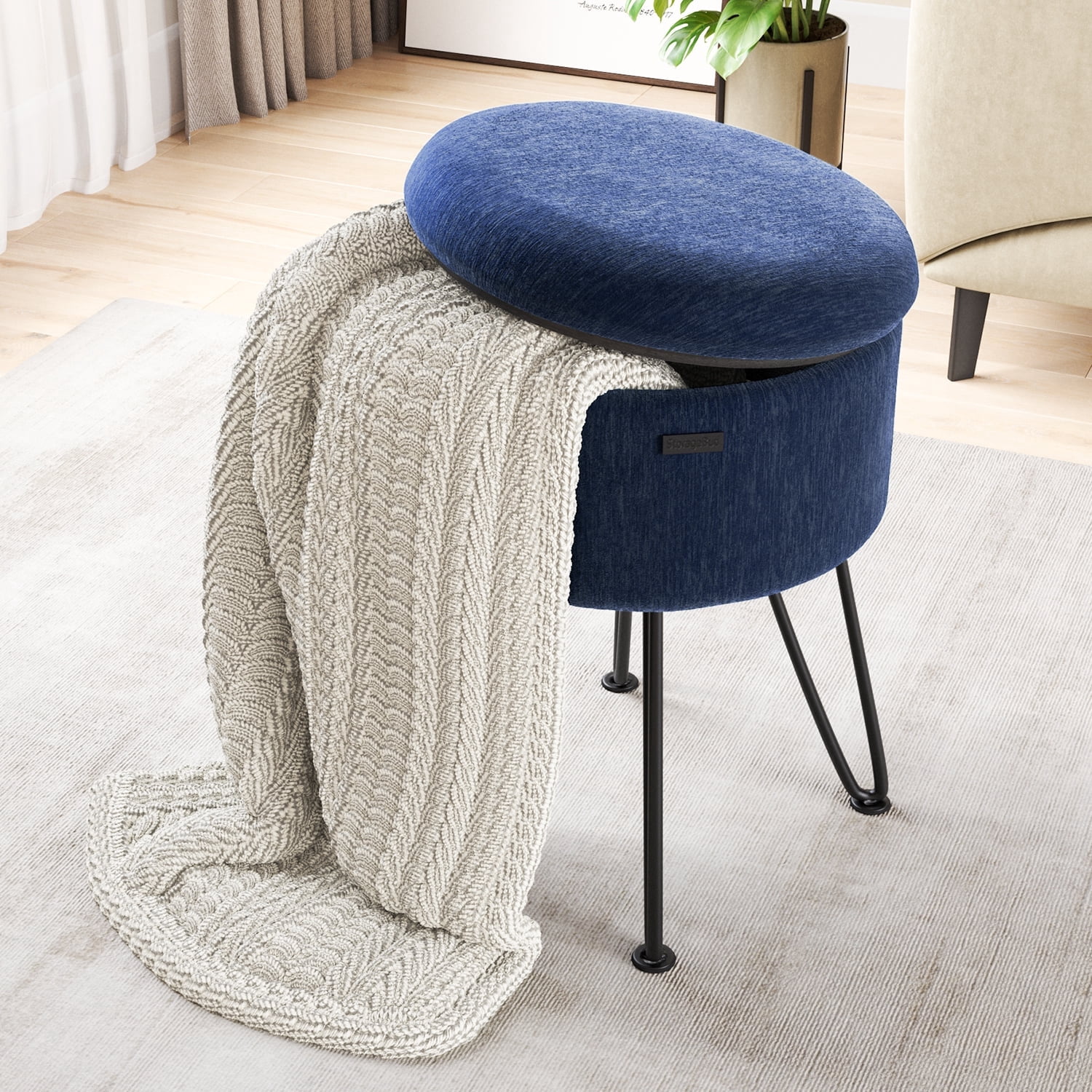 Hearth & Harbor Round Ottoman with Storage, Luxurious Foot Stool and Chic Vanity Stool with Storage, Elegant Textured Velvet Blue