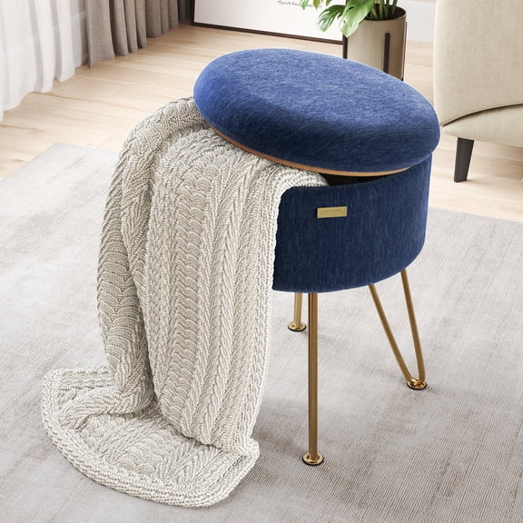 Hearth & Harbor Round Ottoman with Storage, Luxurious Foot Stool and Chic Vanity Stool with Storage, Elegant Textured Velvet Blue