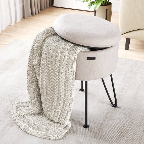 Hearth & Harbor Round Ottoman with Storage, Luxurious Foot Stool and Chic Vanity Stool with Storage, Elegant Textured Velvet Cream