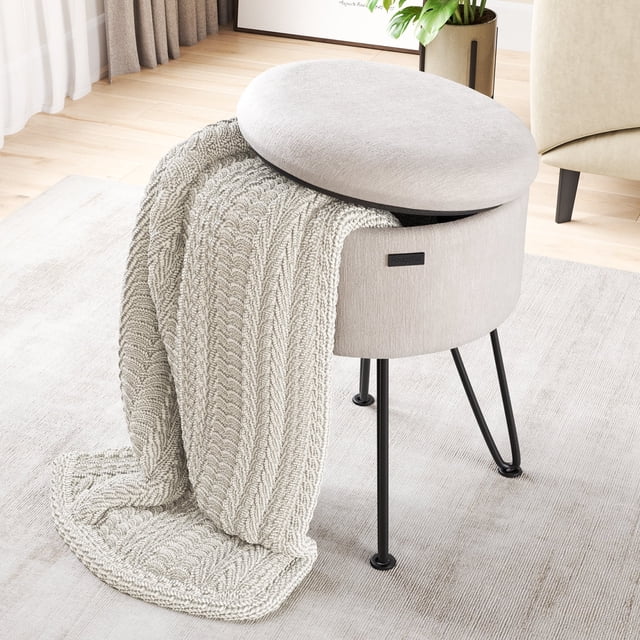 Hearth & Harbor Round Ottoman with Storage, Luxurious Foot Stool and Chic Vanity Stool with Storage, Elegant Textured Velvet Cream