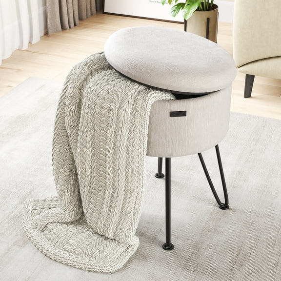 Hearth & Harbor Ottoman with Storage, Round Storage Ottoman, Vanity Stool and Foot Stool with Storage, Textured Velvet Cream