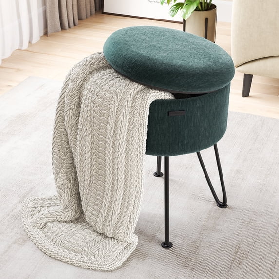 Hearth & Harbor Round Ottoman with Storage, Luxurious Foot Stool and Chic Vanity Stool with Storage, Elegant Textured Velvet Green