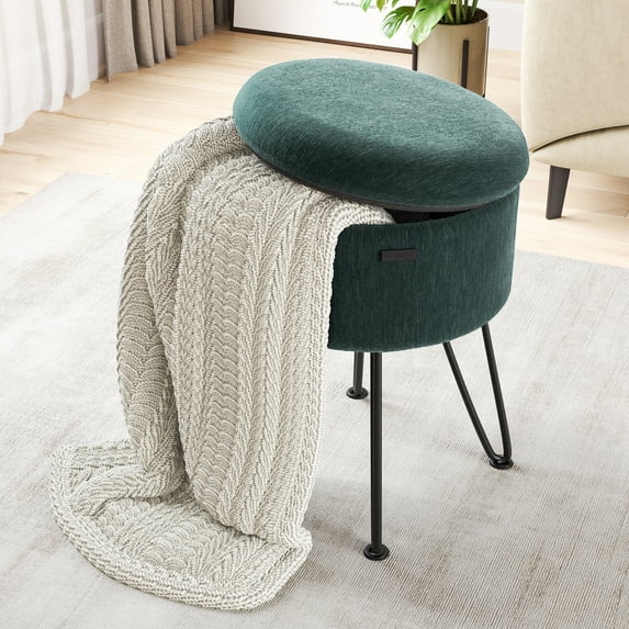 Hearth & Harbor Ottoman with Storage, Round Storage Ottoman, Vanity Stool and Foot Stool with Storage, Textured Velvet Green