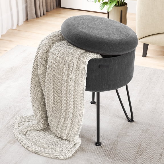 Hearth & Harbor Round Ottoman with Storage, Luxurious Foot Stool and Chic Vanity Stool with Storage, Elegant Textured Velvet Grey