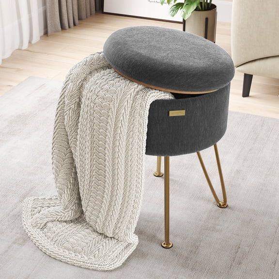 Hearth & Harbor Round Ottoman with Storage, Luxurious Foot Stool and Chic Vanity Stool with Storage, Elegant Textured Velvet Grey