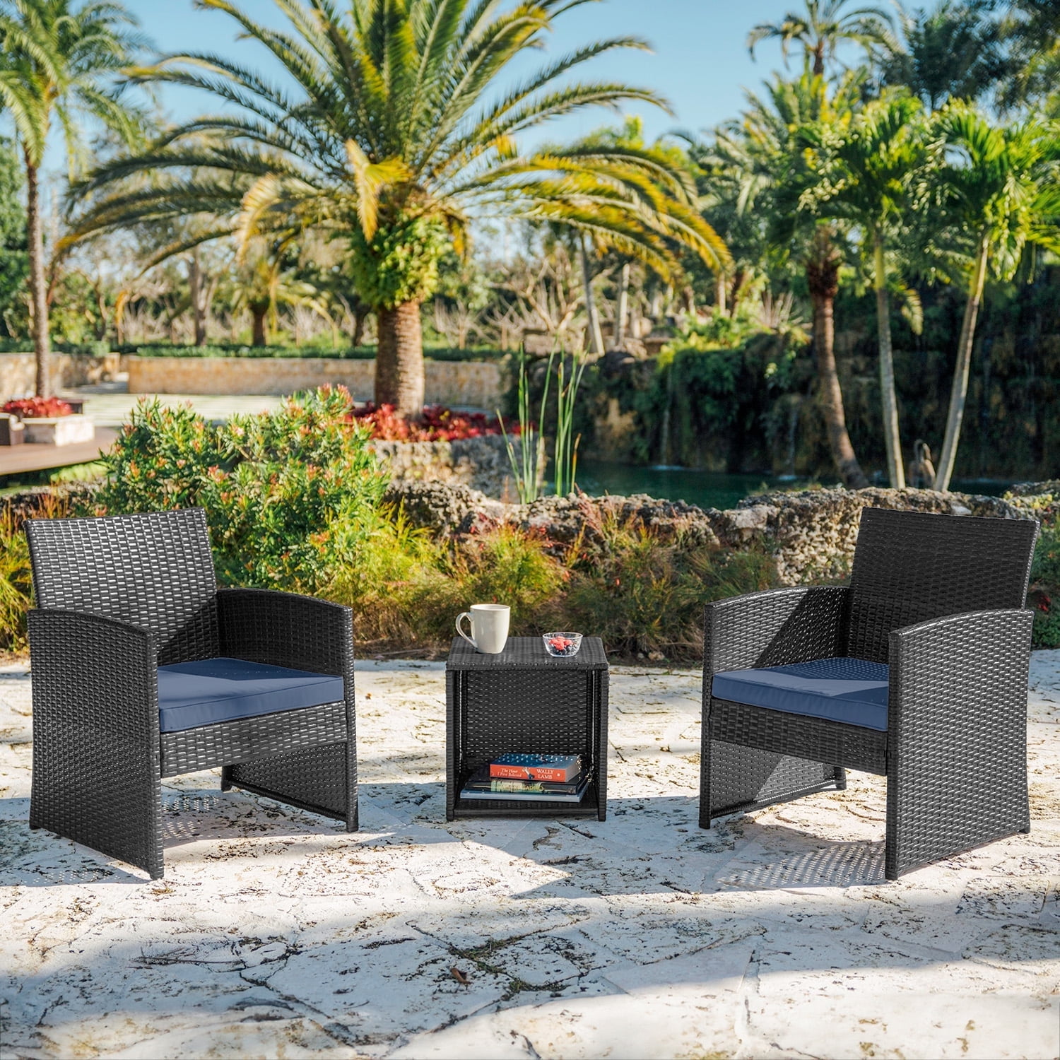 Hearth & Harbor Outdoor Patio Furniture Bistro Set, Wicker 3 Piece Patio Set, Gray with Navy Cushions